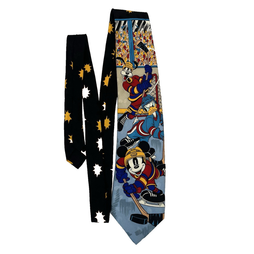 Vintage Disney Silk Neck Tie Mickey Mouse Donald Goofy Ice Hockey Theme 60"